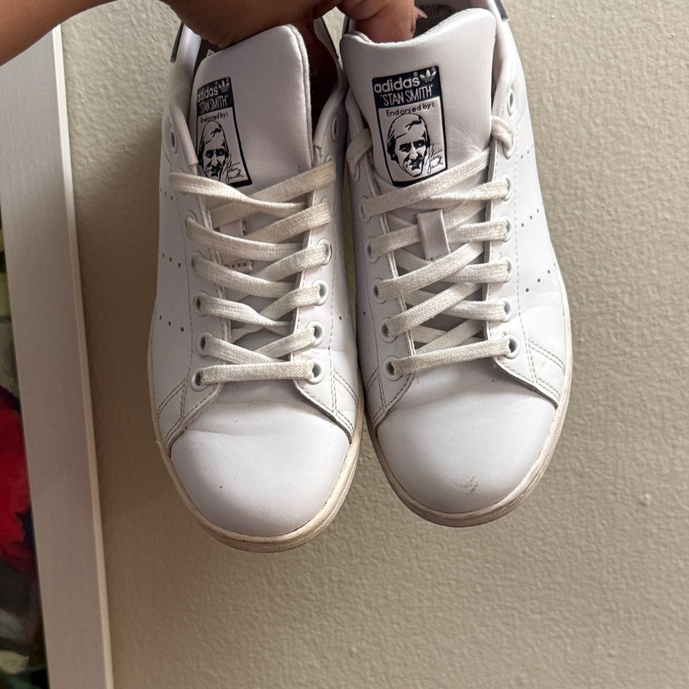 adidas White Leather Sneakers with Navy Heel Accent